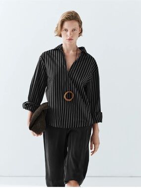 Massimo Dutti PinStripe Popover Blouse Minimalist Relaxed Button Shirt Medium